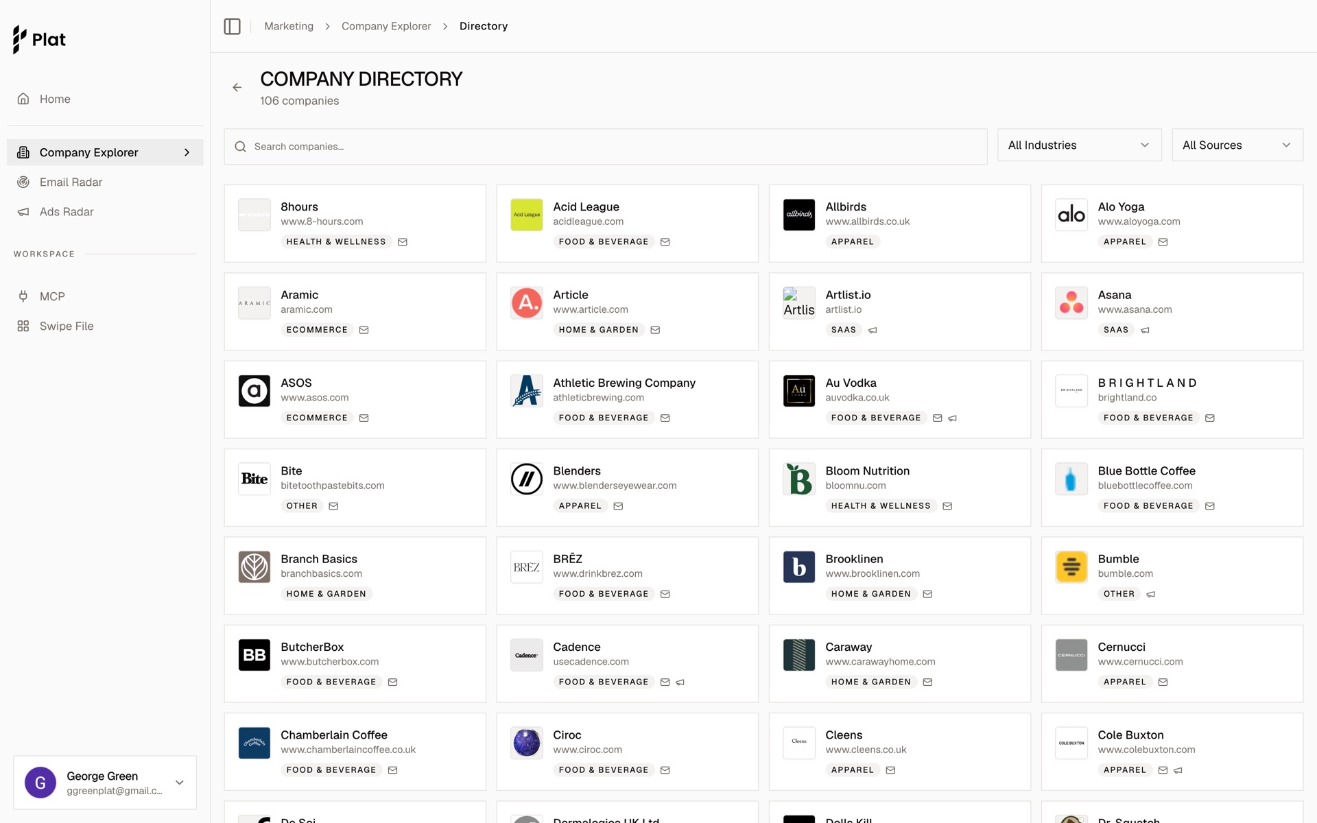 The PLAT company directory: 106 tracked companies with industries and follow controls