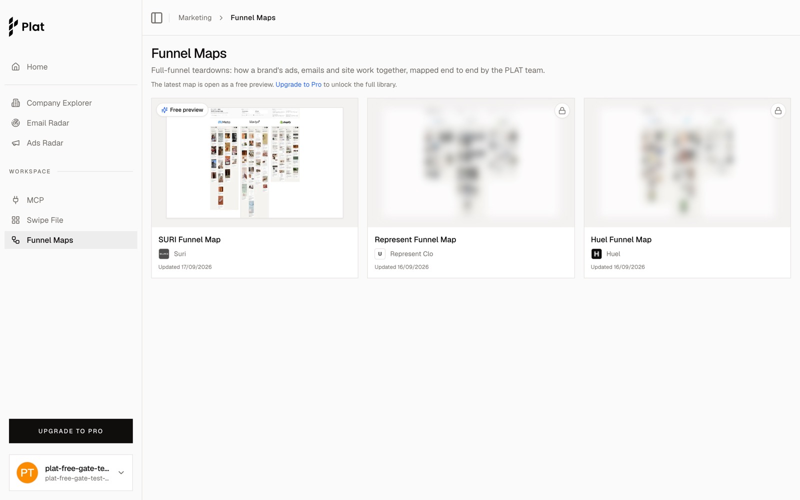 Free preview: the latest funnel map open, the rest of the library blurred until Pro
