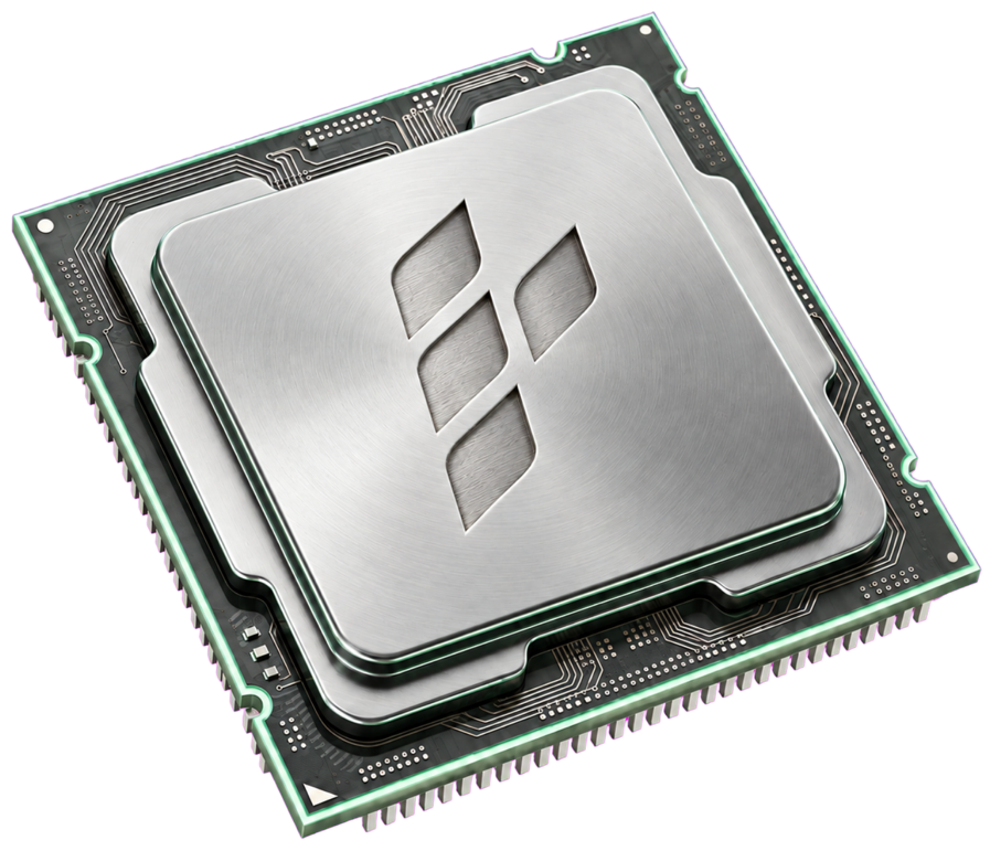 A processor chip engraved with the PLAT logo