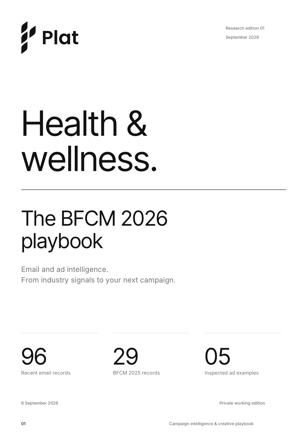 Cover of the PLAT Health & Wellness BFCM 2026 playbook