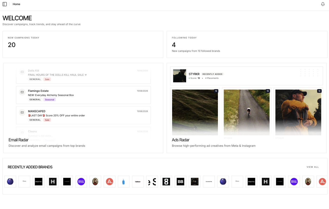 The PLAT app — home dashboard with live Email Radar and Ads Radar feeds