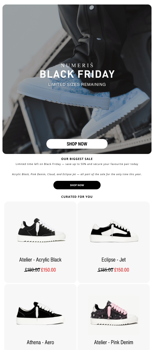 Numeris Black Friday footwear campaign excerpt