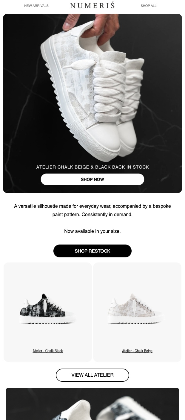 Numeris Atelier Chalk restock email excerpt